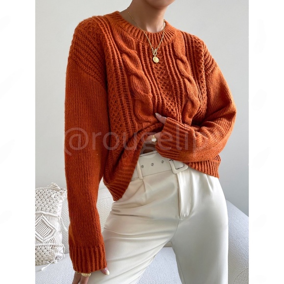 Rust Brown Cable Knit Sweater Pullover - Picture 4 of 7